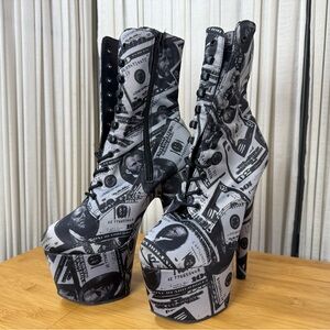 Pleaser Black and Gray Platform Boots with Dollar Bill Design